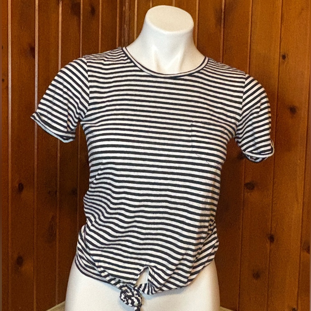 J.Crew Women's Xxs Striped Black and White T-Shirt with Tie in the Front - Picture 2 of 7